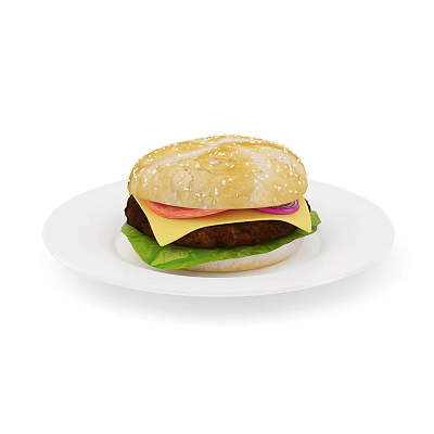 Delicious Hamburger with Sesame Seed Bun Lettuce Tomato Slice Onion Beef Patty on White Plate 3d model