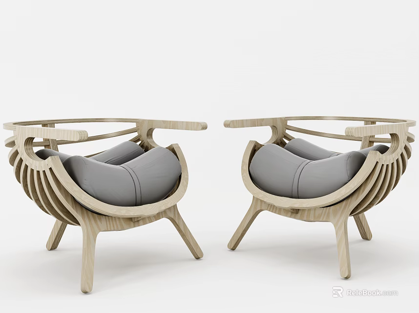 Two Modern Accent Chairs With Wooden Frame And Gray Cushioned Seats 3d model 