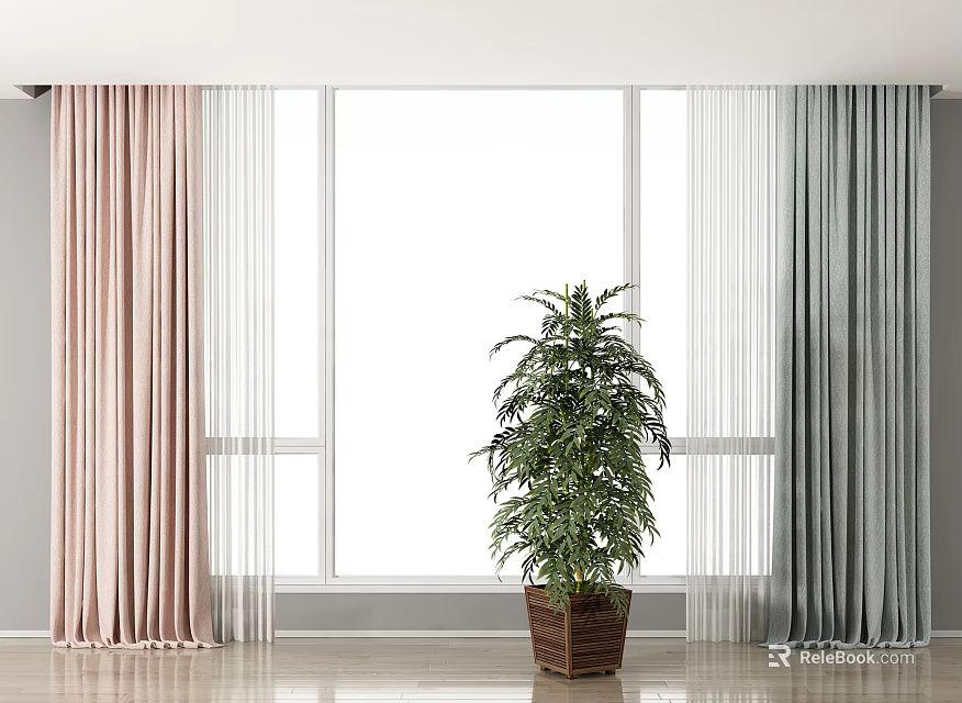 Pink and Grey Window Curtains with White Sheer Panels and Green Plant in Brown Pot 3d model 