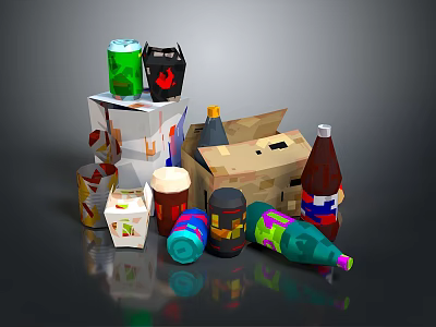 Assorted Beverage Bottles And Cans With Cardboard Boxes In Various Colors 3d model