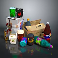Assorted Beverage Bottles And Cans With Cardboard Boxes In Various Colors