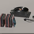 Premium Headphone Speaker with Vinyl Turntable Stacked Records and Connecting Cables