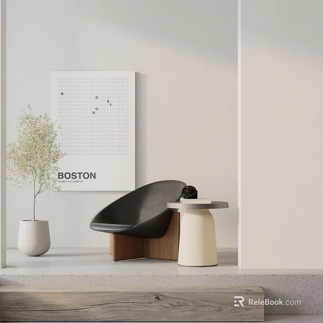 Black Leisure Chair With Wooden Base Near Small Table And Plant By White Wall Poster 3d model