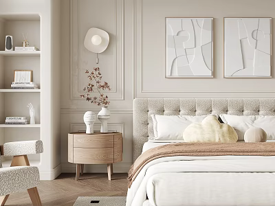 Neutral Tones Bedroom Interior With Upholstered Headboard Abstract Paintings Nightstand And Accent Chair 3d model