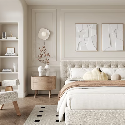 Neutral Tones Bedroom Interior With Upholstered Headboard Abstract Paintings Nightstand And Accent Chair 3d model