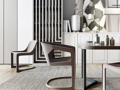 Minimalist Dining Table And Upholstered Chairs Set With Neutral Toned Rug And Cabinet Decor 3d model