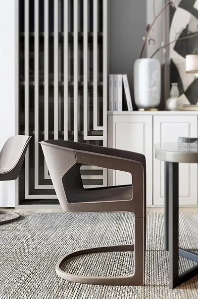 Minimalist Dining Table And Upholstered Chairs Set With Neutral Toned Rug And Cabinet Decor 3d model