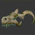 Mythical Creature Skull With Green Moss Covered Curved Horns And Sharp Teeth
