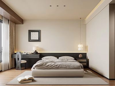 Modern Bedroom Interior Design With Neutral Bed Dark Headboard Desk And Wall Art 3d model