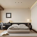 Modern Bedroom Interior Design With Neutral Bed Dark Headboard Desk And Wall Art
