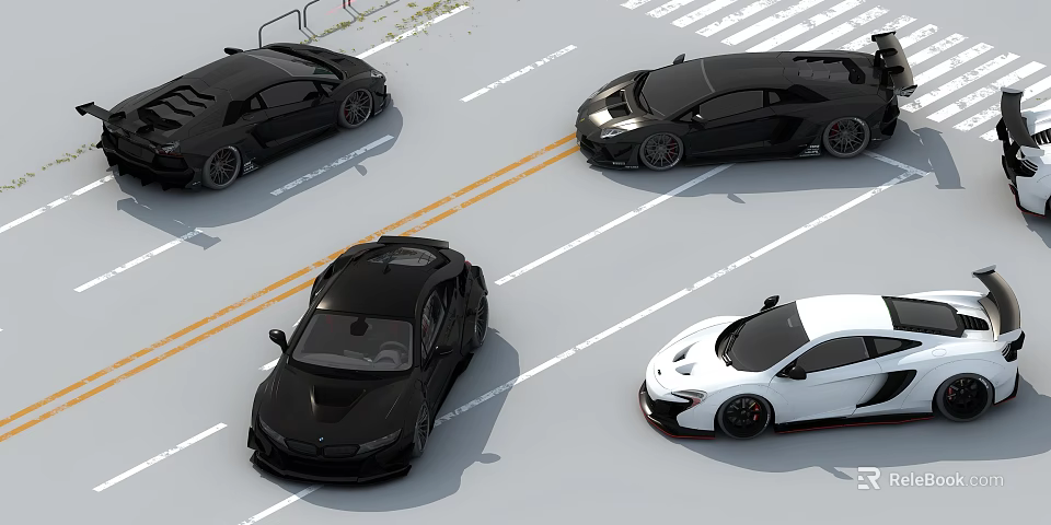 Multiple Black And White Sports Cars Parked On Road With Lane Lines 3d model 