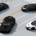 Multiple Black And White Sports Cars Parked On Road With Lane Lines