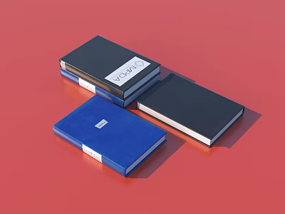 Stack of Books with Black and Blue Covers and White Labels on Red Background 3d model