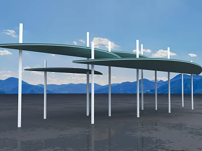 Modern Outdoor Canopy With Green Roof And White Pillars Against Blue Sky Mountains 3d model