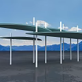 Modern Outdoor Canopy With Green Roof And White Pillars Against Blue Sky Mountains