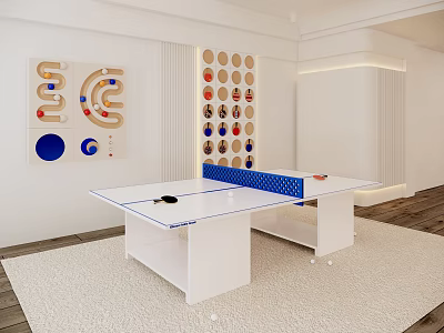 Ping Pong Table As Sports Equipment In Modern White Room With Colorful Wall Storage 3d model