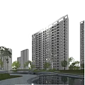 Modern High Rise Residential Building Surrounded by Greenery Water Features and Landscaped Area