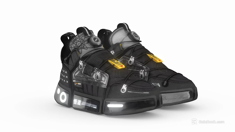 Black Tech Inspired Sneakers With Reflective Details Yellow Accents And Chunky Sole 3d model 