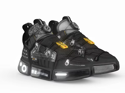 Black Tech Inspired Sneakers With Reflective Details Yellow Accents And Chunky Sole 3d model