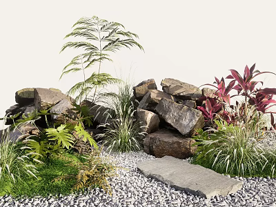 Natural Garden Plant Combination With Ferns Red Leaf Plants Rocks Grass Pebbles And Stone Slab 3d model