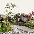 Natural Garden Plant Combination With Ferns Red Leaf Plants Rocks Grass Pebbles And Stone Slab