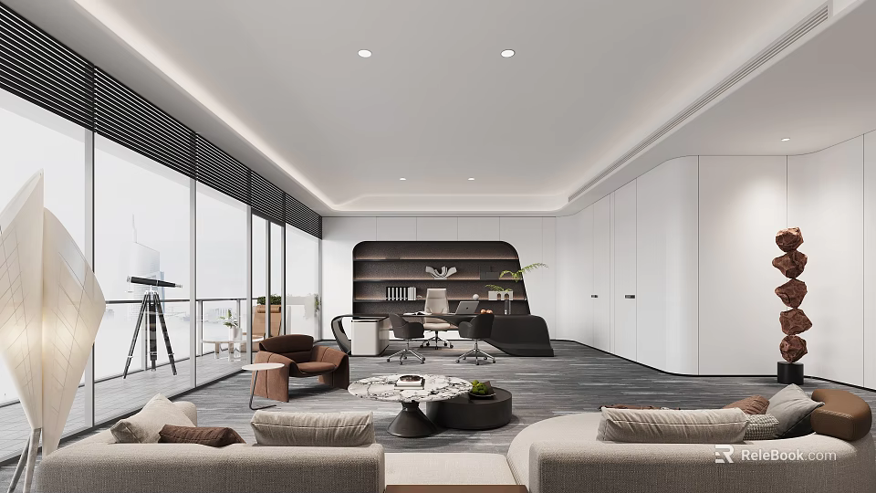 Modern Office Interior Design With Large Windows Sofas Work Desk And Bookshelf 3d model 