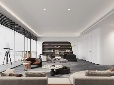 Modern Office Interior Design With Large Windows Sofas Work Desk And Bookshelf 3d model