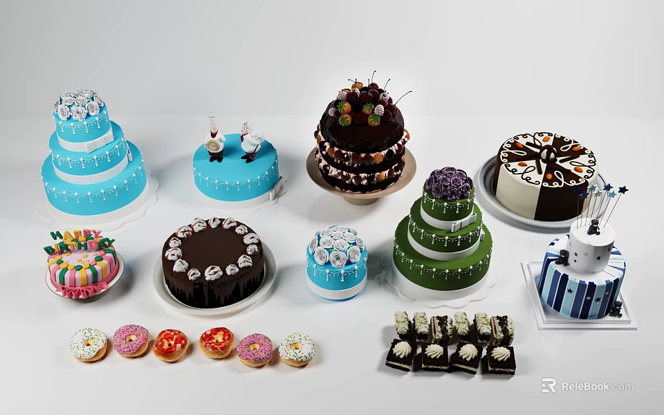 Delicious Colorful Assorted Cakes Desserts with Multi Layer Cakes Cupcakes Donuts and Chocolates 3d model 