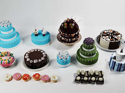 Delicious Colorful Assorted Cakes Desserts with Multi Layer Cakes Cupcakes Donuts and Chocolates 3d model