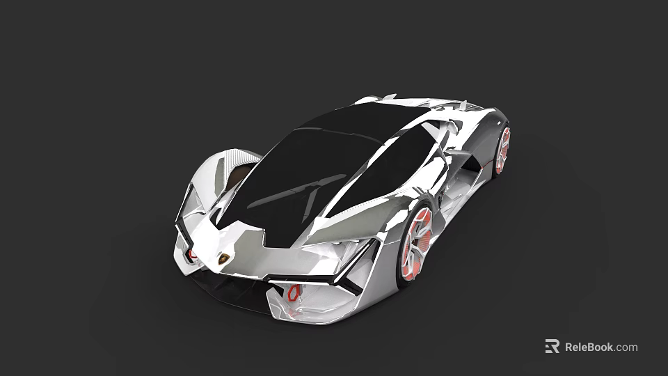 Silver Futuristic Sports Car With Geometric Body Black Roof And Red Wheels 3d model 