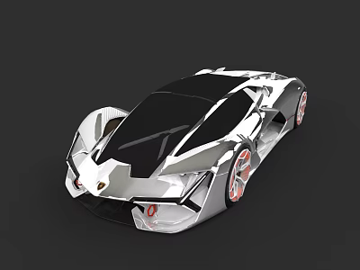 Silver Futuristic Sports Car With Geometric Body Black Roof And Red Wheels 3d model