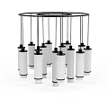 Modern Chandelier With Cylindrical White Lampshades And Black Metal Frame