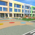 Colorful School Outdoor Playground With Slide Soccer Goal Lawn And Trees