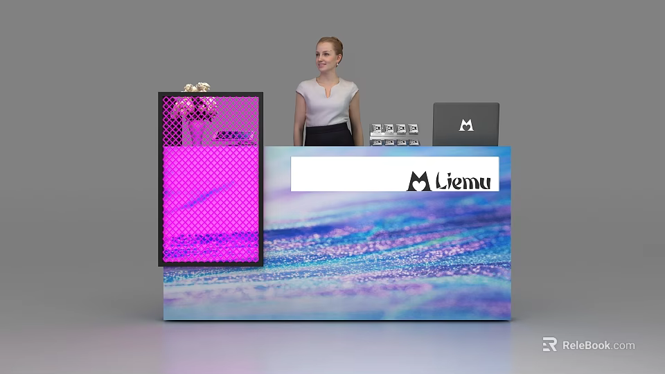 Modern Reception Desk With Blue Purple Wavy Texture And Liemu Logo Female Staff Standing 3d model 