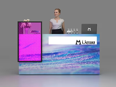 Modern Reception Desk With Blue Purple Wavy Texture And Liemu Logo Female Staff Standing 3d model