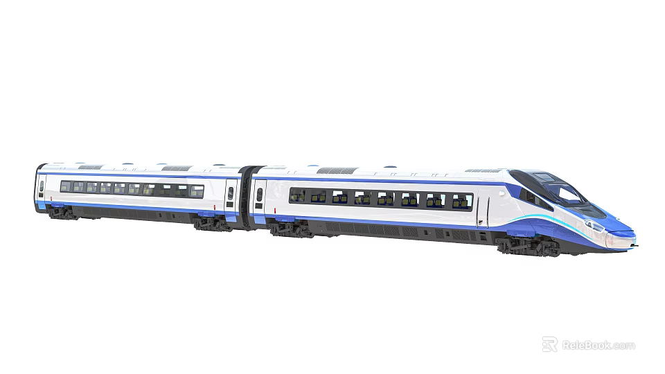 Modern High-Speed Train With Blue And White Exterior Streamlined Front And Passenger Cars 3d model 
