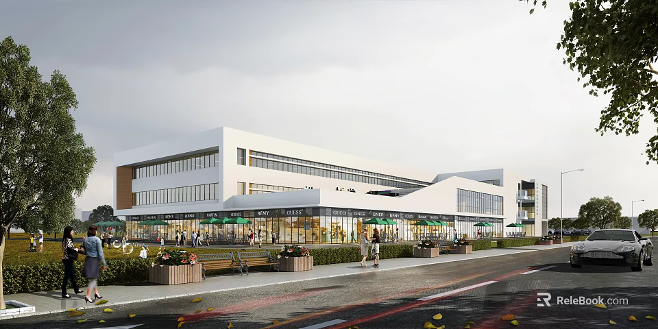 Modern Commercial Complex Exterior With Glass Facade Storefronts And Outdoor Pedestrian Area 3d model 