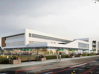 Modern Commercial Complex Exterior With Glass Facade Storefronts And Outdoor Pedestrian Area 3d model