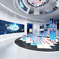 Modern Digital Exhibition Hall With Large Interactive Screen And Illuminated Display Platforms 3d model