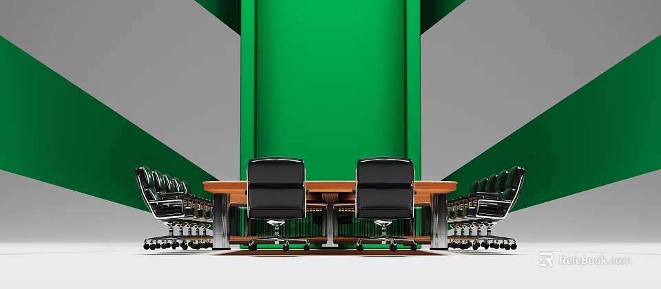 Modern Wooden Conference Table With Black Office Chairs And Green Backdrop 3d model 