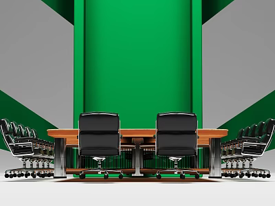 Modern Wooden Conference Table With Black Office Chairs And Green Backdrop 3d model