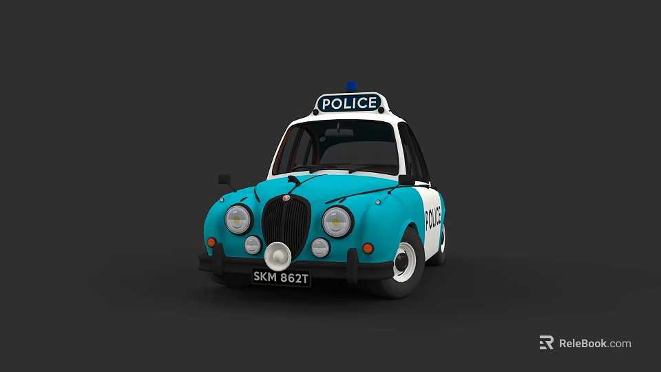Blue and White Police Car with Classic Design and Police Lights 3d model 
