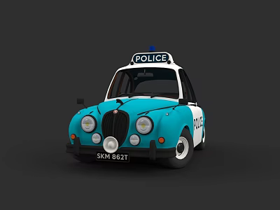 Blue and White Police Car with Classic Design and Police Lights 3d model