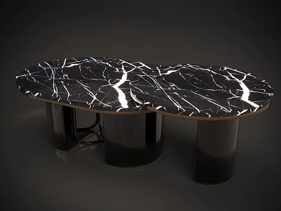 Modern Irregular Coffee Table Featuring Black Marble Top with White Veins and Metal Legs 3d model