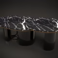Modern Irregular Coffee Table Featuring Black Marble Top with White Veins and Metal Legs