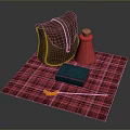 Brown Leather Shoulder Bag On Red Plaid Cloth With Small Accessories
