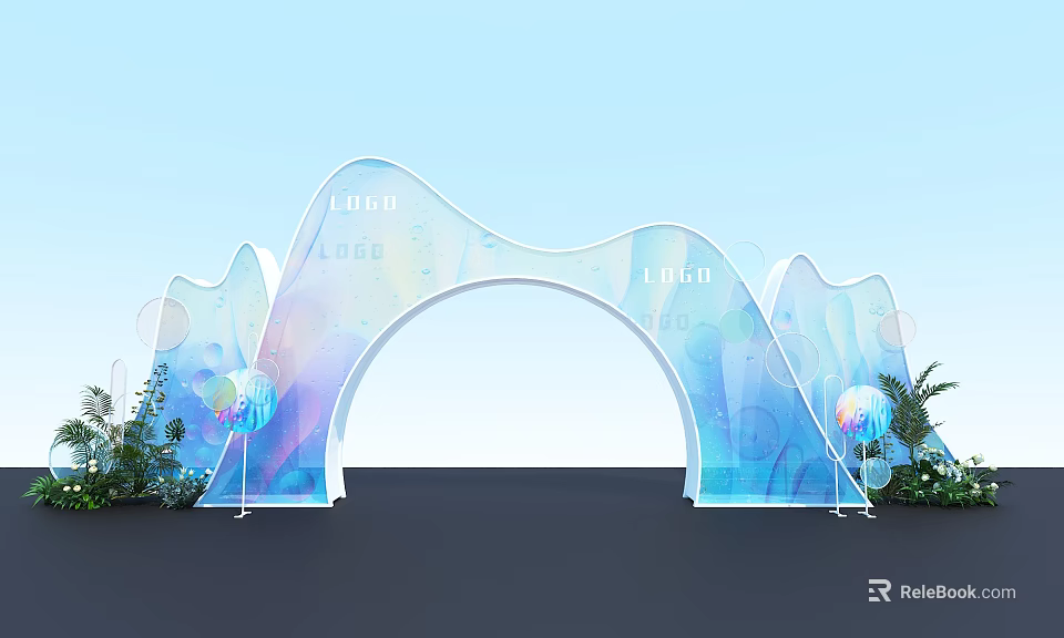 Luna Themed Archway With Blue Green Gradient Wavy Design Decorative Balls And Green Plants 3d model 