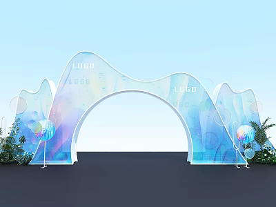 Luna Themed Archway With Blue Green Gradient Wavy Design Decorative Balls And Green Plants 3d model