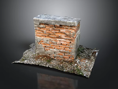 Vintage Weathered Brick Wall Model With Concrete Edges Mossy Base And Debris 3d model