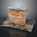 Vintage Weathered Brick Wall Model With Concrete Edges Mossy Base And Debris